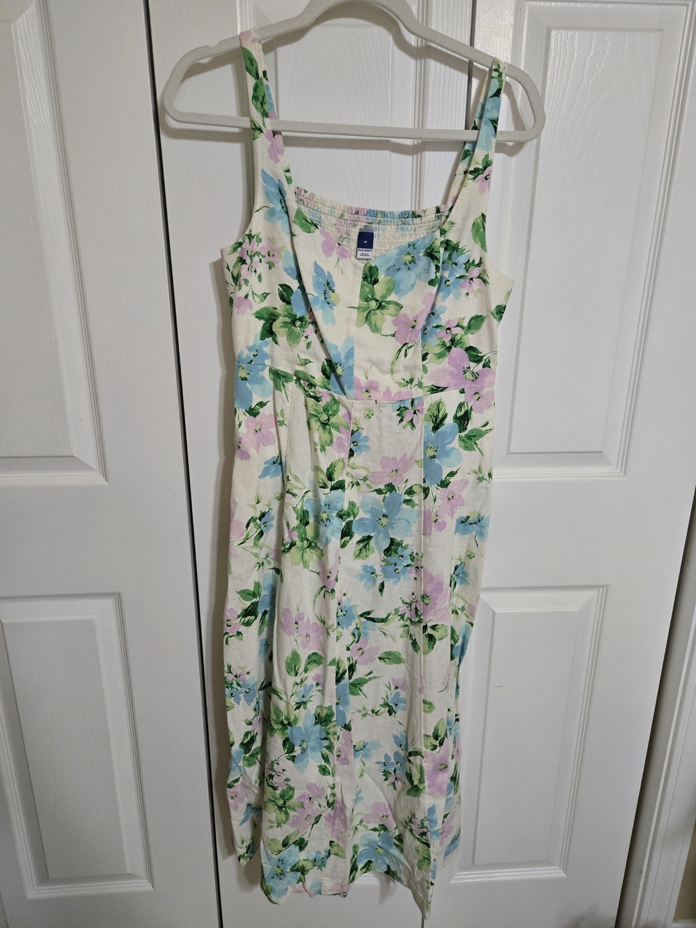Old Navy Floral Midi Dress - Cream with Blue & Pink Blooms- Has Pockets